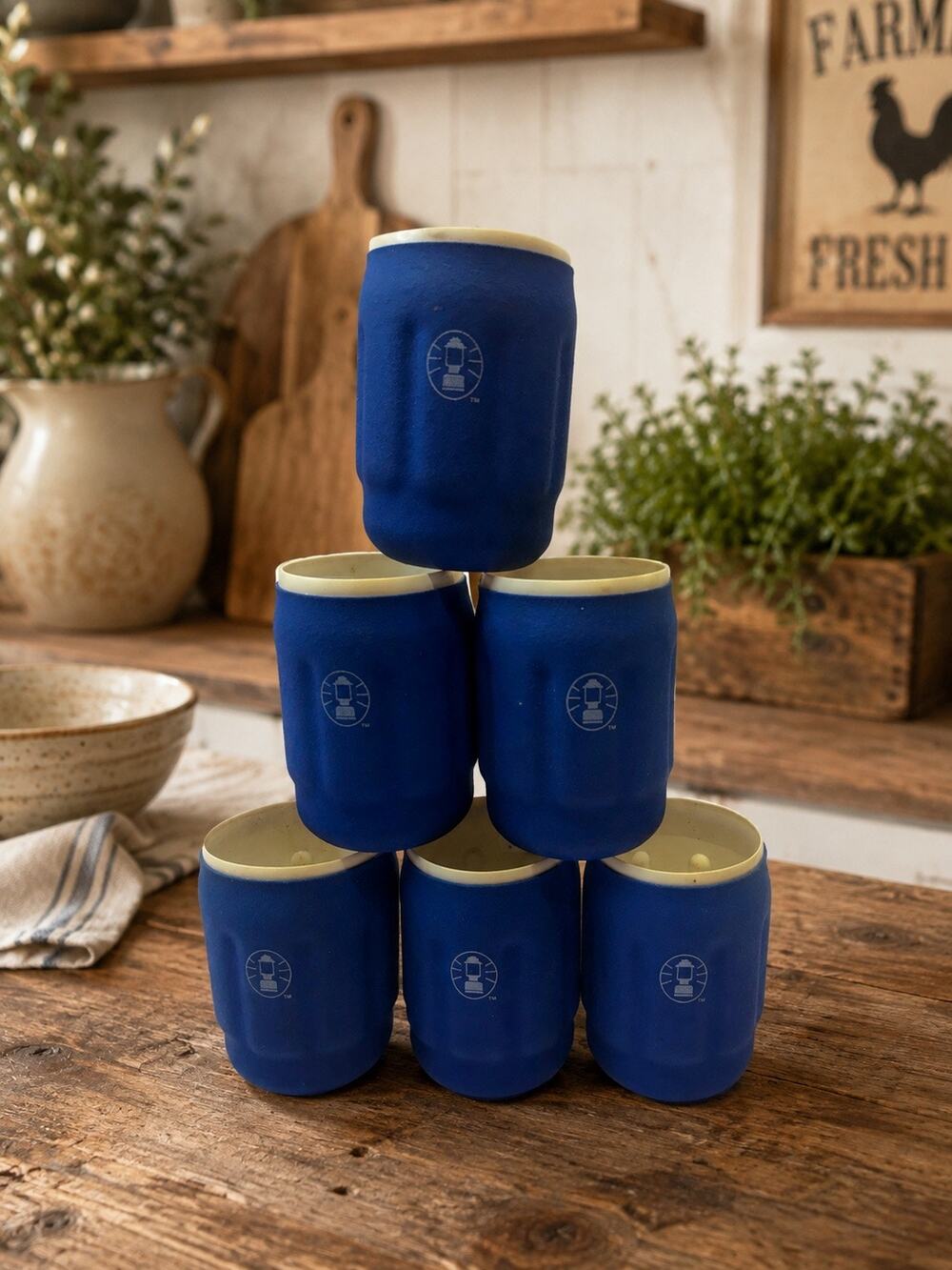 6 Coleman Can Bottle Beer Soda Textured Koozie Lantern Logo Insulated blue